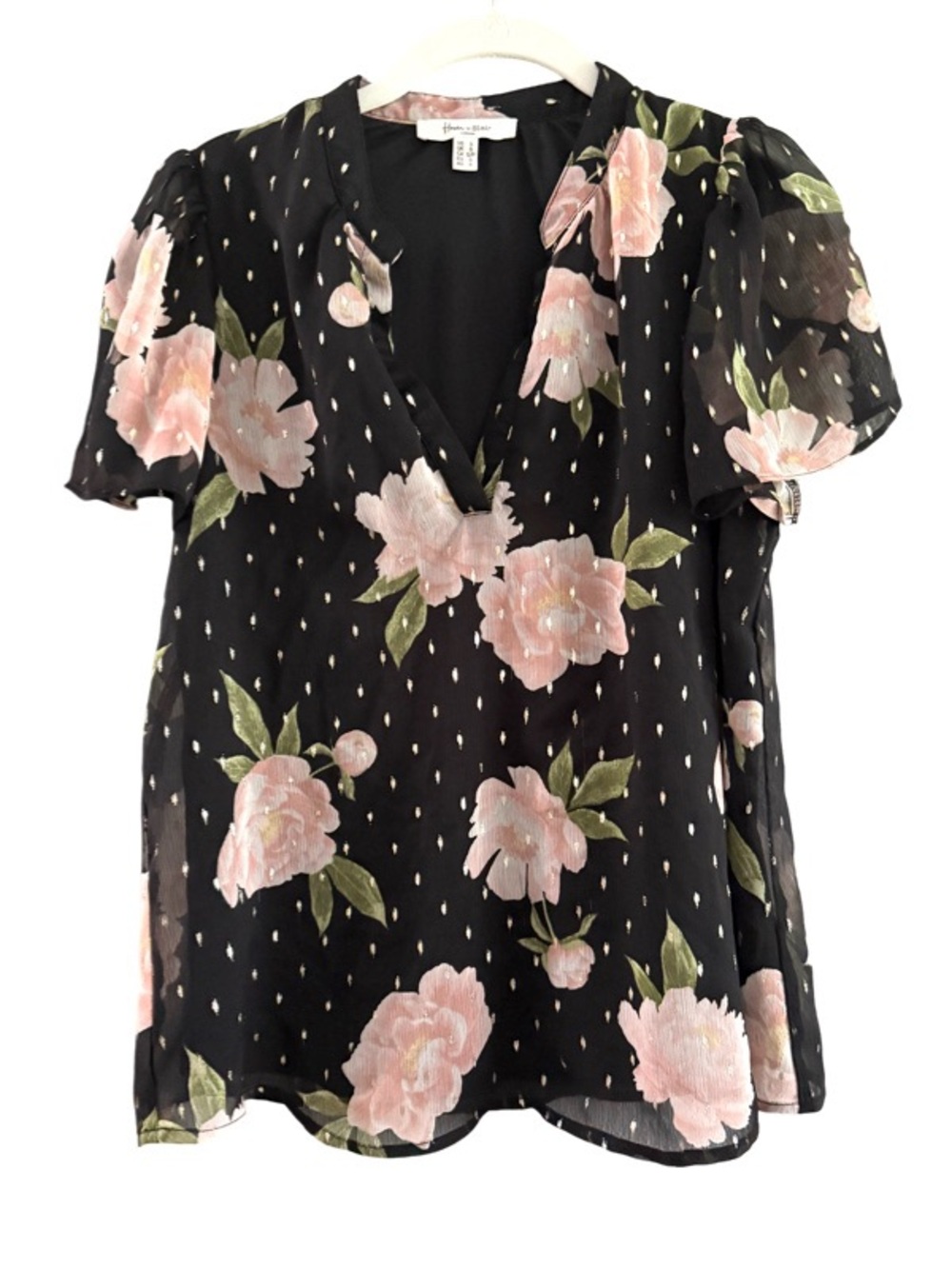 Haver & Blair Short Sleeve Chiffon Blouse Split Neck Floral Size S